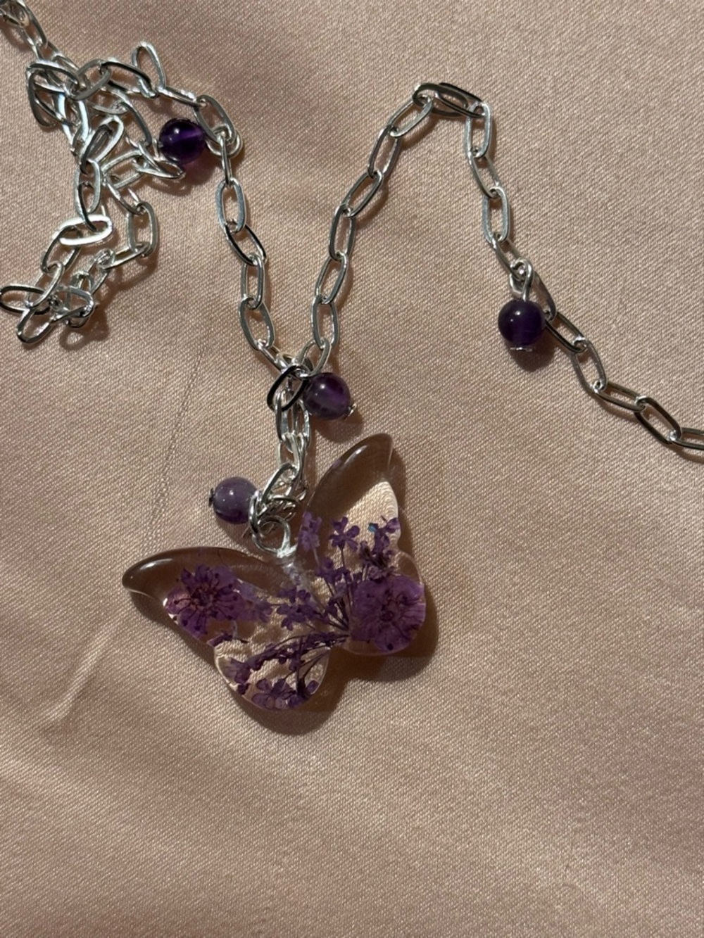 Handmade Silver Chain Necklace with Purple Butterfly Pendant